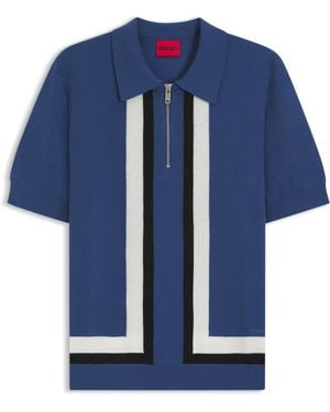 HUGO Gebreide Trui Met Ritskraag En Streepdetails - Blauw