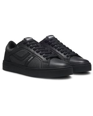 BOSS Faux-Leather Trainers With Denim-Look Trims - Black