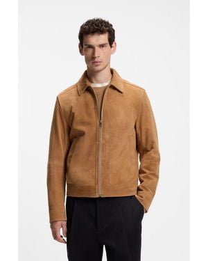BOSS Suede Leather Jacket With Zip Closure - Brown