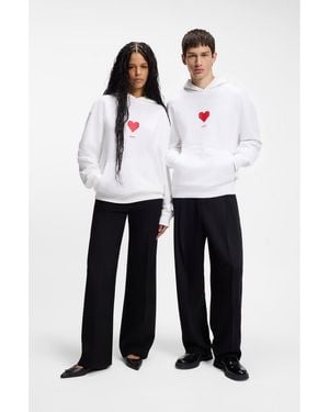 HUGO All-Gender Cotton-Terry Hoodie With Origami-Heart Artwork - White