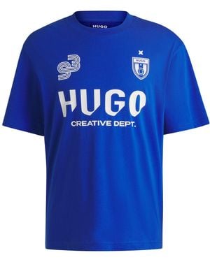 HUGO T-Shirt Aus Baumwoll-Jersey Mit Prints Im Fußball-Stil - Blau