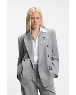 HUGO Relaxed-Fit Blazer With Enamel Flower Brooch - Grey