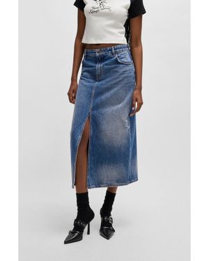 HUGO Denim Midi Skirt With Front Slit - Blue