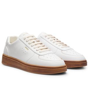 HUGO Genarbte Ledersneakers Mit Goldfarbenem Folien-Logo - Weiß