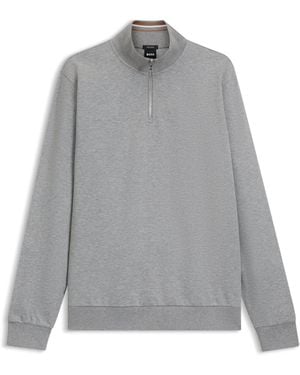 BOSS Cotton-Blend Sweatshirt With Zip Neck - Grey