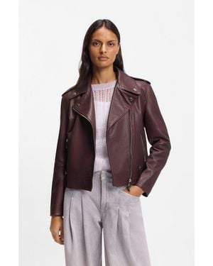 BOSS Grained-Leather Biker Jacket With Zips And Studs - Brown