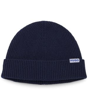 HUGO Ribbed Virgin Wool-Blend Beanie With Logo Label - Blue