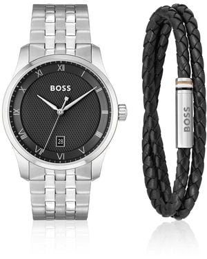 BOSS Cadeauset Met Horloge Met Gekartelde Wijzerplaat En Armband Van Gevlochten Leer - Zwart