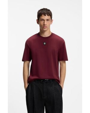 HUGO Interlock-Cotton T-Shirt With Metallic Stacked-Logo Badge - Red