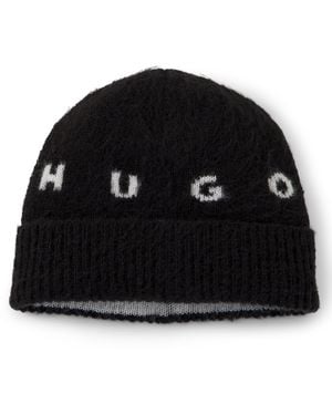 HUGO Gorro De Punto De Mezcla De Lana Cepillado Con Logo Espaciado - Negro