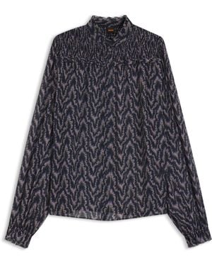 BOSS Regular-Fit Blouse Van Crêpe Georgette Met Print - Blauw