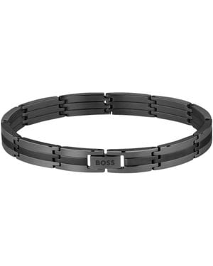 BOSS Stainless-Steel Striped Cuff With Logo Clasp - Black