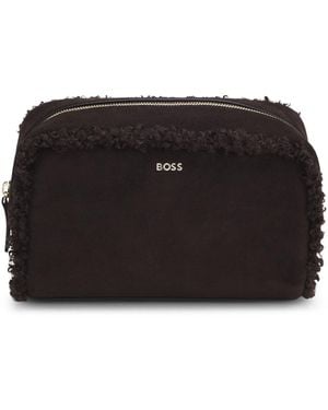 BOSS Pouch Aus Velourskunstleder Mit Goldfarbenem Logo-Schriftzug - Schwarz