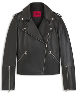 HUGO Straight-Fit Bikerjacke Aus Leder Mit Reißverschluss-Details - Schwarz