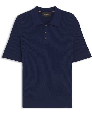 BOSS Polo-Pullover Aus Baumwolle Mit Kaschmir Und Zopfmuster - Blau