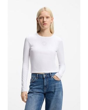 HUGO Stretch-Cotton Top With Rhinestone Happy Logo - White
