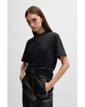 HUGO Cotton T-Shirt With Flock Print And Rhinestones - Black