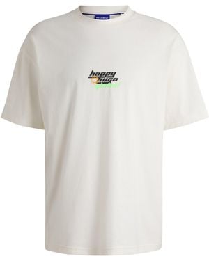 HUGO Oversized-Fit T-Shirt Van Katoen Met Happy -Logo - Wit