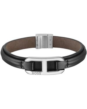 BOSS Layered Leather Cuff With Branded-Tone Link - Brown