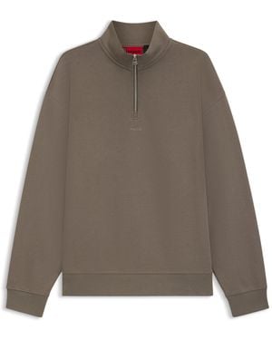 HUGO Cotton-Terry Zip-Neck Sweatshirt With Logo Print - Brown