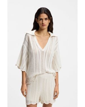 BOSS Cotton-Blend Jumper With Knitted Wave Structure - White