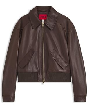 HUGO Cropped Leather Bomber Jacket - Brown