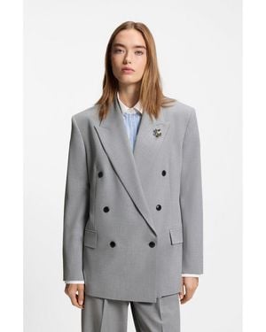 HUGO Relaxed-Fit Blazer With Enamel Flower Brooch - Grey