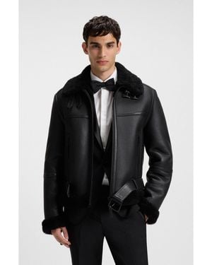 HUGO Leather Jacket With Shearling Trims - Black