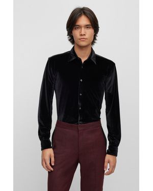 HUGO Slim-fit Shirt In Stretch Velvet - Black