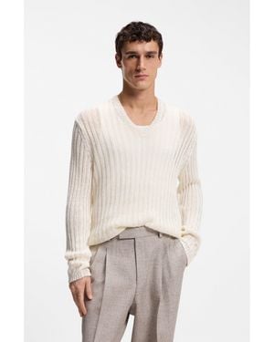 BOSS Relaxed-Fit Rib-Knit Linen Jumper - White