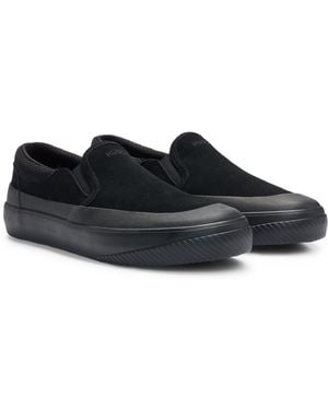 HUGO Suede Slip-on Shoes With Signature Slogan - Black