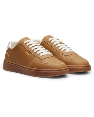 HUGO Genarbte Ledersneakers Mit Goldfarbenem Folien-Logo - Braun