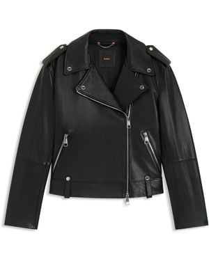 BOSS Bikerjas Van Generfd Leer Met Ritsen En Studs - Zwart