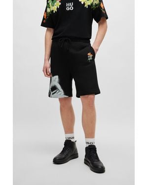 HUGO Relaxed-Fit Cotton-Blend Shorts With Floral Artwork - Black