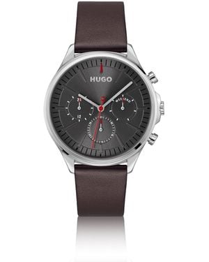 HUGO Tone Watch With Leather Strap - Grey