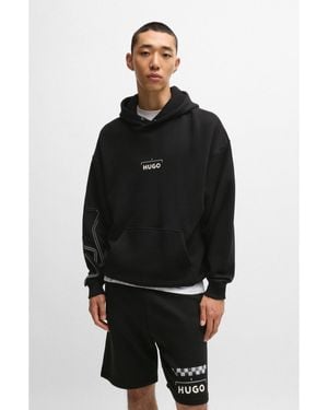 HUGO Cotton-Blend Hoodie With Racing Print - Black