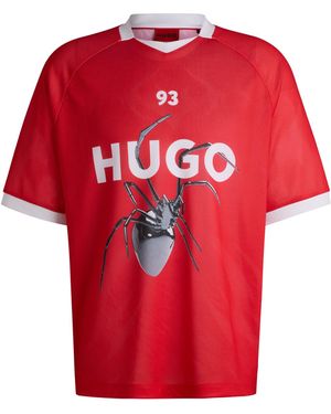 HUGO Relaxed-Fit T-Shirt Im Football-Stil Aus Mesh Mit Print Der Saison - Rot