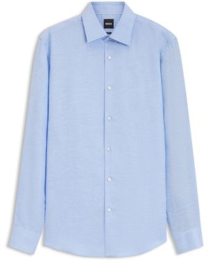 BOSS Slim-Fit Twill Overhemd Van Linnenmix - Blauw