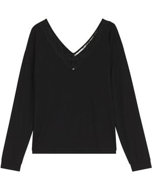 BOSS Pyjama-Top Mit Langen Ärmeln Und Spitzenausschnitt - Schwarz
