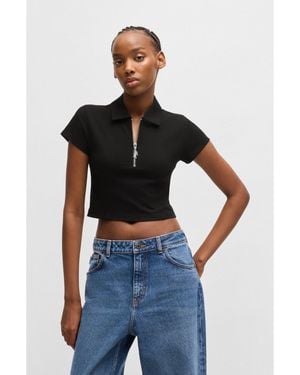 HUGO Cropped Stretch-Cotton Polo Shirt With Zip Placket - Black