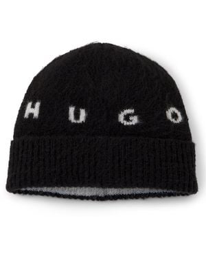 HUGO Brushed Wool-Blend Beanie With Spaced-Out Logo - Black