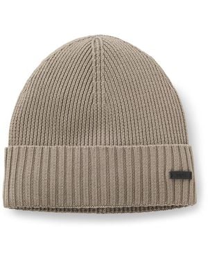 BOSS Rib-Knit Virgin-Wool Beanie With Logo Plaque - Grey