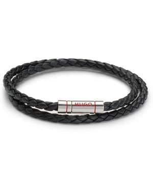 HUGO Double Braided-Leather Cuff With Logo Closure - Black