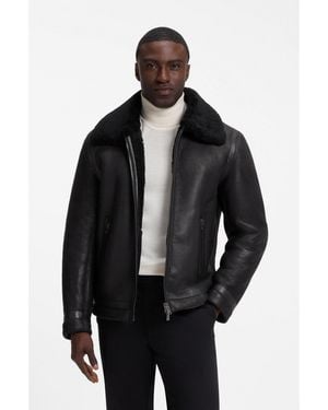 BOSS Grained Leather Jacket With Shearling Collar - Black