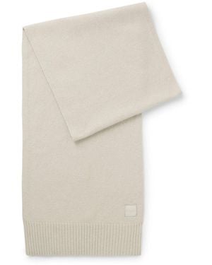 BOSS Ribbed-Hem Plain-Knit Scarf With Woven Logo Badge - White