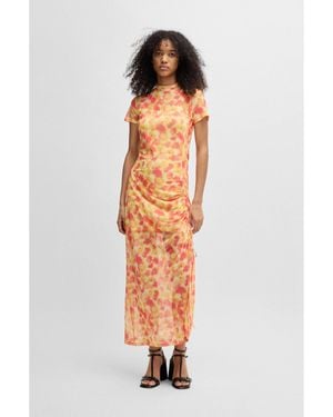 HUGO Printed-Mesh Dress With Gathered Side - Orange