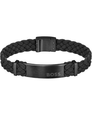 BOSS Bracelet tressé en cuir suédé noir avec plaquette logo
