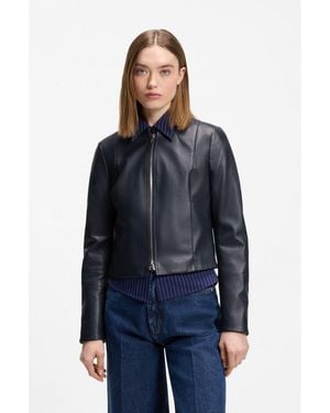 HUGO Relaxed Slim-Fit Leather Jacket With Stand Collar - Blue