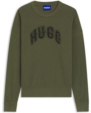 HUGO Oversize-Pullover Aus Gerippter Baumwolle Mit College-Logo - Grün