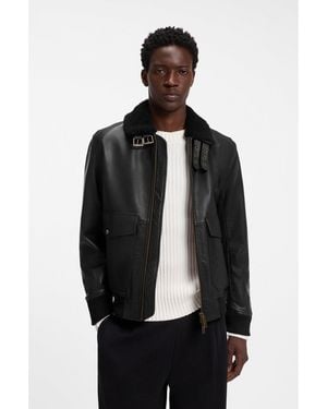 HUGO Padded Leather Jacket With Shearling Details - Black